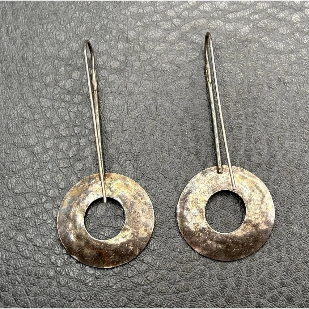 Vintage Silpada Huge Sterling Silver Hammered Circle Drop Earrings Modernist